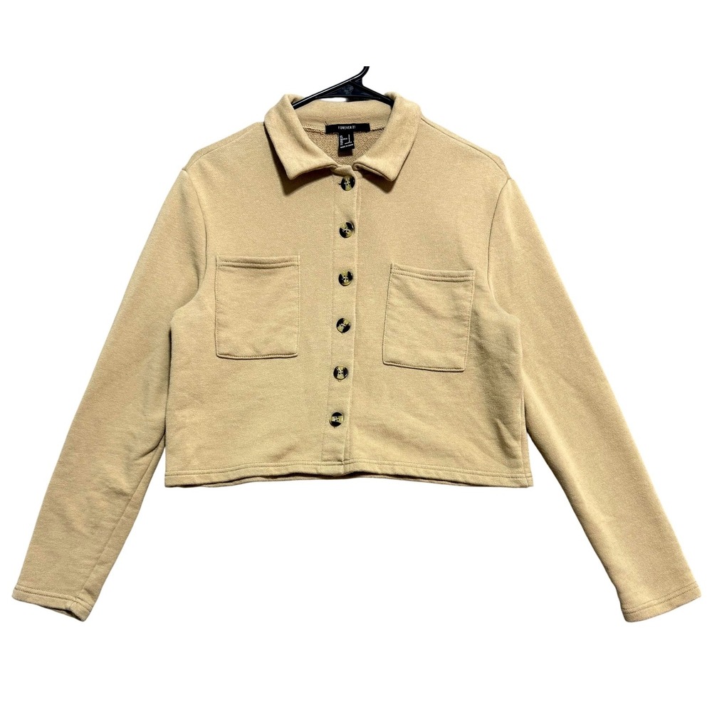Forever 21 Jacket Womens Small Beige Tan Cropped Button Front Shirt Jacket Knit
